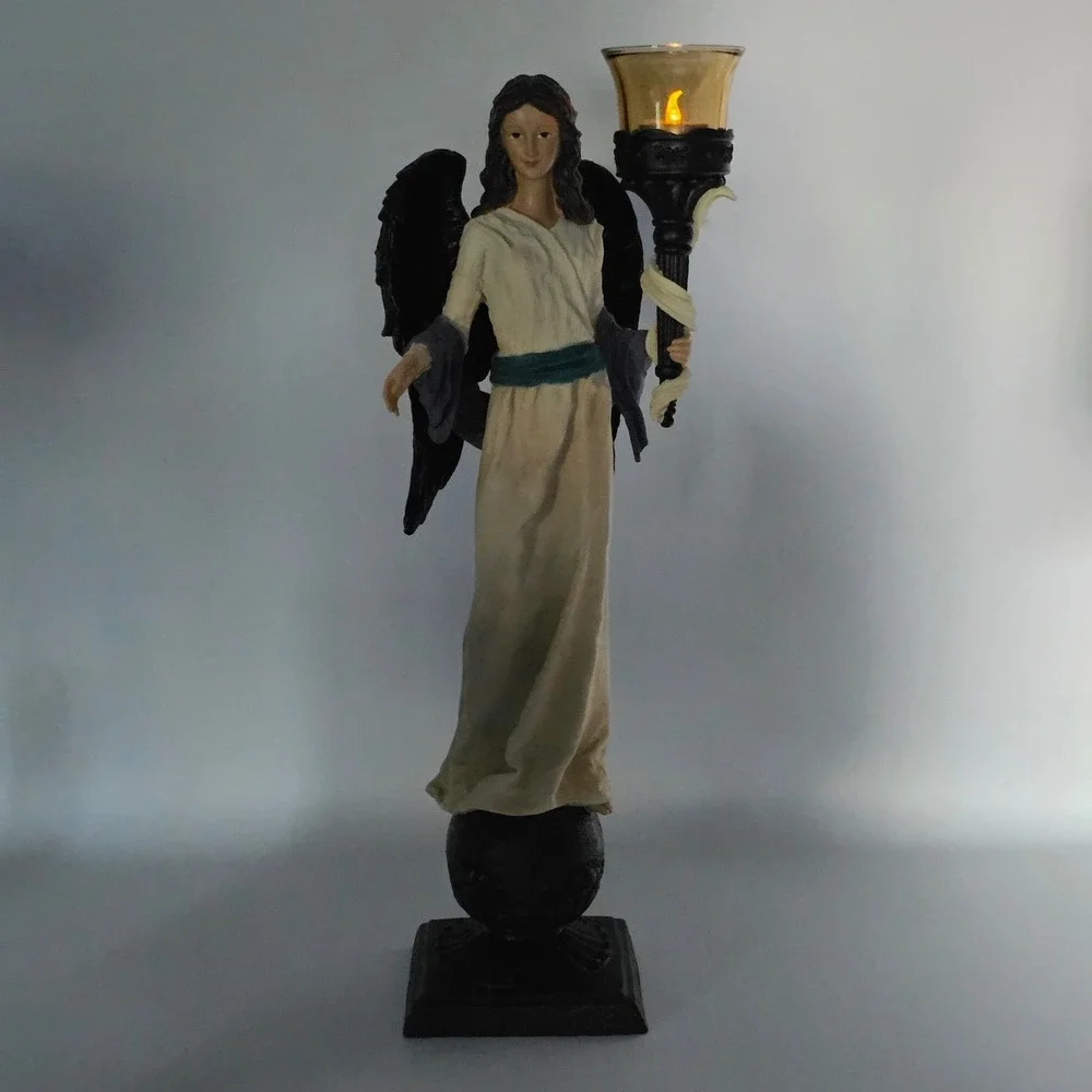 Angel Candleholder Statue with Amber Glass Votive Cup and Box 20.5 Inch 901581